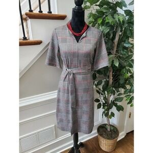 Wrapper Women's Gray Check Polyester V-Neck 3/4 Sleeve Knee Length Dress Size S